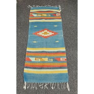 Vintage Southwestern Native Zapotec Rug Kilim Rug Weaving 57" X 25" Teal Blue